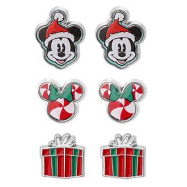 Disney Disney Mickey and Minnie Mouse Holiday Stud Earring Set, Mickey Santa, Peppermint Minnie and Gift Box