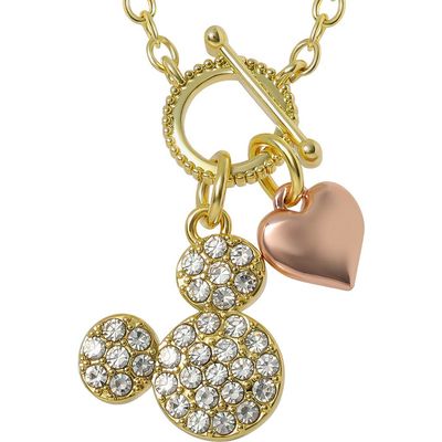 Disney Disney Mickey Mouse Necklace 16" + 2", Gold Tone, Clear Crystals 
