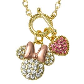 Disney Disney Minnie Mouse Necklace 16" + 2", Gold Tone, Clear and Pink Crystals 