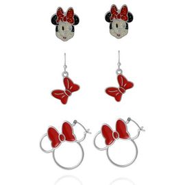Disney Disney Minnie Mouse Red Bow Earring Set, 3 Pairs (Hoops, Drops & Studs), Silver-Tone 