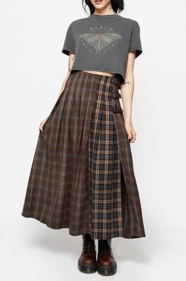 Disturbia Disturbia Raven Pleated Check Buckle Maxi Skirt