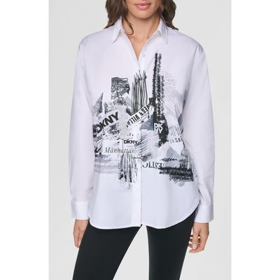 DKNY DKNY City Printed Rhinestone Cotton Button-Up Shirt