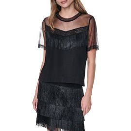 DKNY DKNY Fringe Detail Cotton Blend Mesh Top