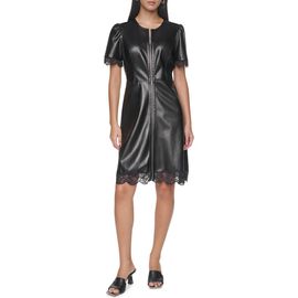 DKNY DKNY Lace Trim Faux Leather Midi Dress