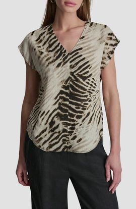 DKNY DKNY Print Colorblock Linen V-Neck Top