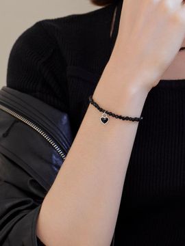 dmoment 925 Sterling Silver Heart Black Bead Bracelet