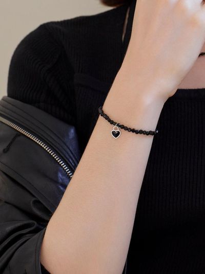 dmoment 925 Sterling Silver Heart Black Bead Bracelet