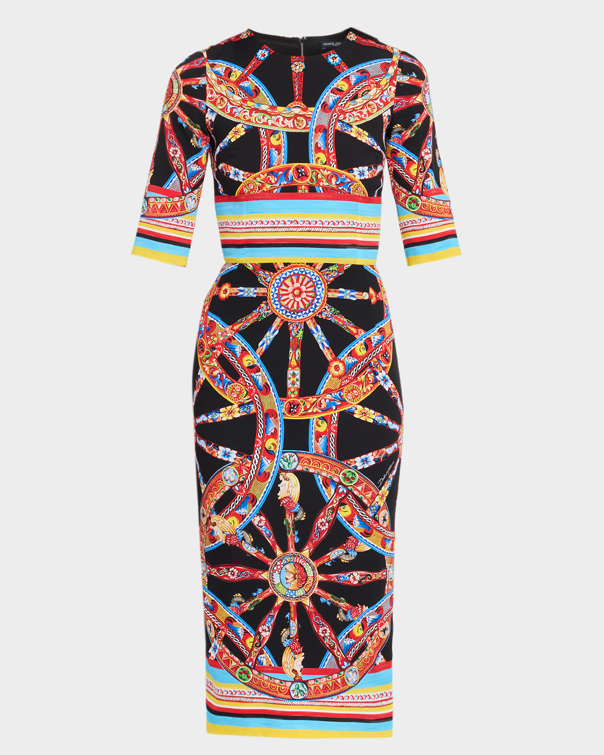 Dolce & Gabbana 3/4-Sleeve Carretto Silk Charmeuse Midi Day Dress