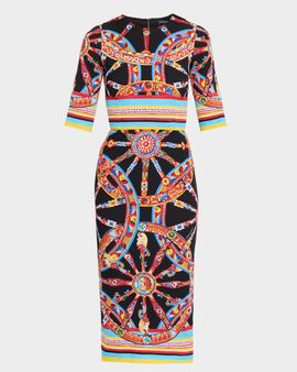 Dolce & Gabbana 3/4-Sleeve Carretto Silk Charmeuse Midi Day Dress