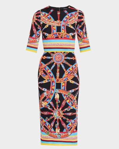 Dolce & Gabbana 3/4-Sleeve Carretto Silk Charmeuse Midi Day Dress