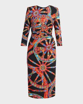 Dolce & Gabbana Carretto-Print Silk 3/4-Sleeve Midi Dress