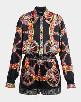 Dolce & Gabbana Carretto-Print Silk Long-Sleeve Collared Romper
