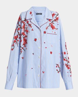 Dolce & Gabbana Cherry Blossom Embroidered Striped Pajama Shirt