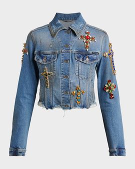 Dolce & Gabbana Cross Embellished Distressed Denim Jacket