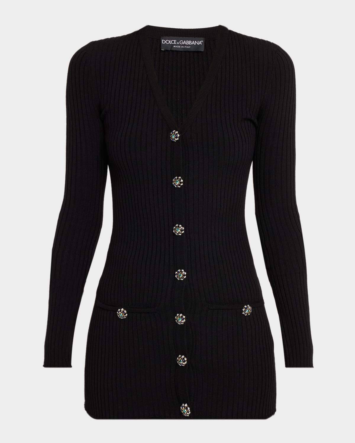 Dolce & Gabbana Crystal-Button Slim Wool Rib V-Neck Cardigan