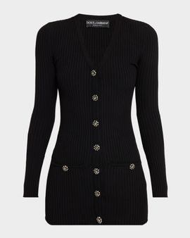 Dolce & Gabbana Crystal-Button Slim Wool Rib V-Neck Cardigan