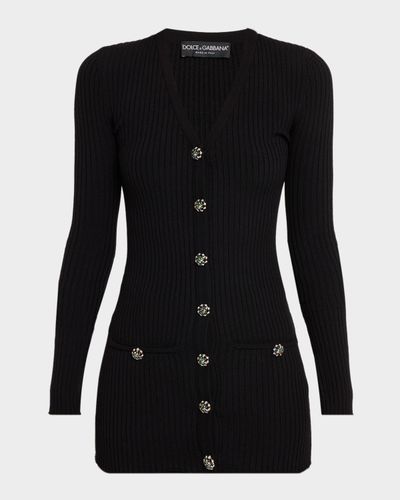 Dolce & Gabbana Crystal-Button Slim Wool Rib V-Neck Cardigan