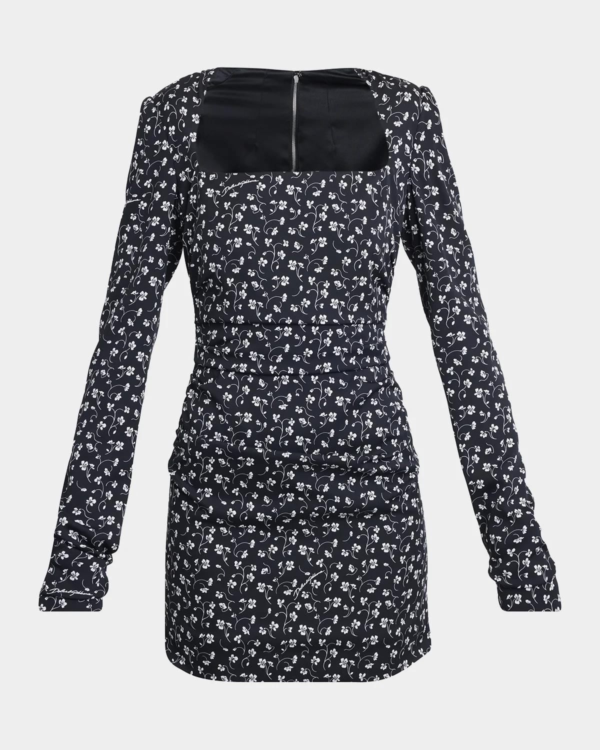 Dolce & Gabbana Floral-Print Silk Charmeuse Long-Sleeve Mini Dress