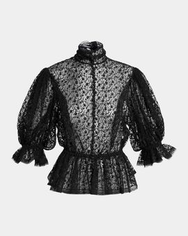 Dolce & Gabbana Floral Embroidered Tulle Puff-Sleeve Ruffle Peplum Blouse