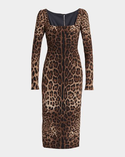 Dolce & Gabbana Leopard-Print Cady Long-Sleeve Midi Dress