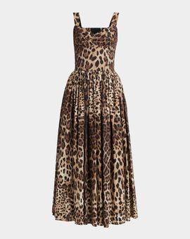 Dolce & Gabbana Leopard-Print Cotton Poplin Midi Bustier Dress