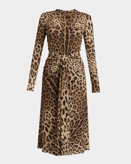 Dolce & Gabbana Leopard-Print Long-Sleeve Twisted Midi Cocktail Dress