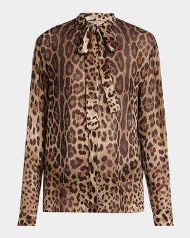 Dolce & Gabbana Leopard-Print Silk Bow-Neck Blouse