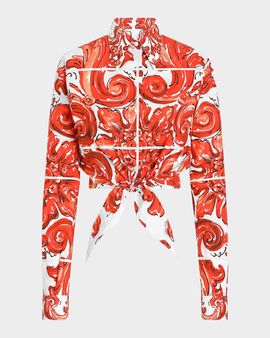 Dolce & Gabbana Majolica Cotton Poplin Long-Sleeve Crop Shirt