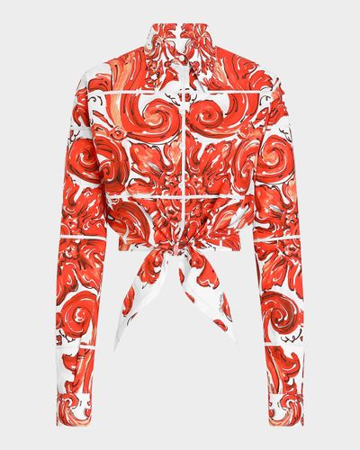 Dolce & Gabbana Majolica Cotton Poplin Long-Sleeve Crop Shirt