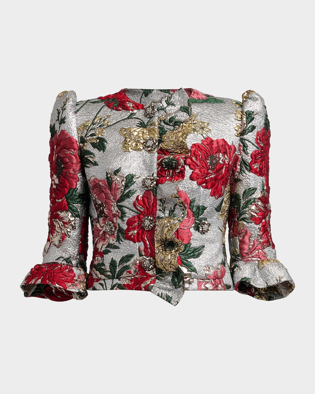 Dolce & Gabbana Metallic Floral Brocade Ruffle Crop Jacket