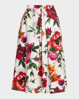 Dolce & Gabbana Rafia Fiori Floral Pleated Cotton Poplin Midi-Skirt