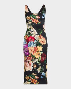 Dolce & Gabbana Rafia Fiori Floral Scoopneck Satin Midi-Dress