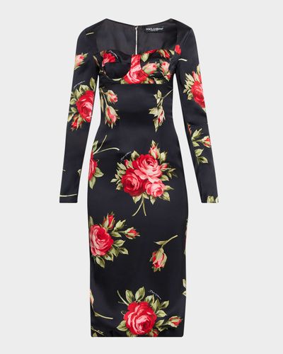 Dolce & Gabbana Rose-Print Satin Long-Sleeve Midi Dress