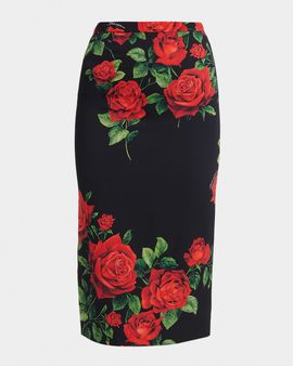 Dolce & Gabbana Rose-Print Silk Midi Sheath Skirt