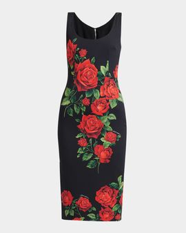 Dolce & Gabbana Rose-Print Sleeveless Midi Cocktail Dress