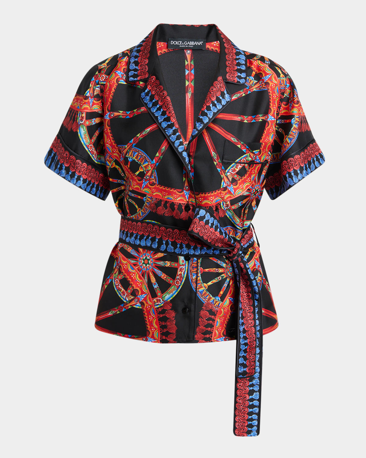 Dolce & Gabbana Short-Sleeve Carretto-Print Silk Twill Belted Pajama Shirt