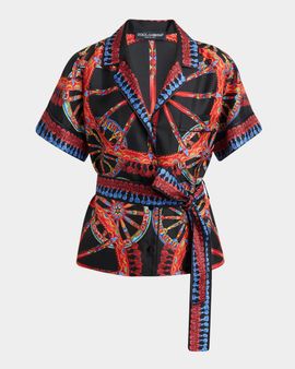 Dolce & Gabbana Short-Sleeve Carretto-Print Silk Twill Belted Pajama Shirt