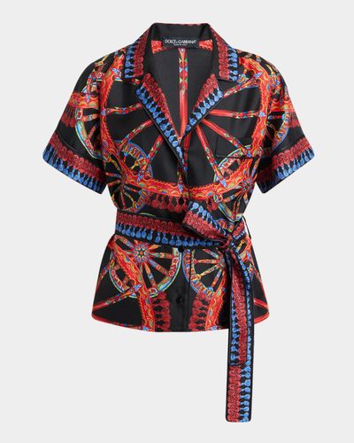 Dolce & Gabbana Short-Sleeve Carretto-Print Silk Twill Belted Pajama Shirt