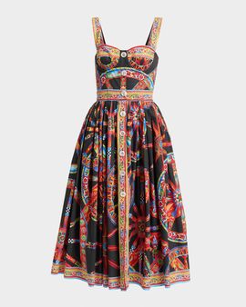 Dolce & Gabbana Sleeveless Carretto-Print Poplin Button-Front Midi Bustier Dress