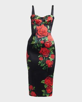 Dolce & Gabbana Sleeveless Rose Silk Midi Bustier Dress
