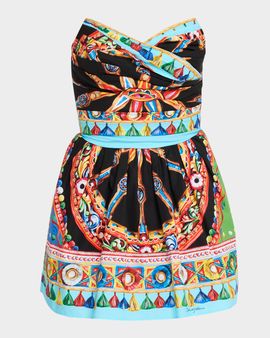 Dolce & Gabbana Strapless Carretto-Print Cotton Flare Mini Dress
