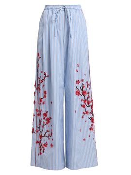 Dolce & Gabbana Women's Floral-Embellished Striped Cotton-Silk Drawstring Pants