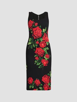 Dolce & Gabbana Women's Floral Stretch-Silk Scoopneck Midi-Dress