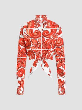 Dolce & Gabbana Women's Maiolica Cotton Poplin Long-Sleeve Crop Shirt