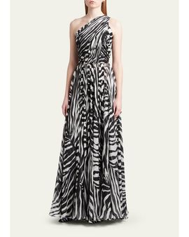 Dolce & Gabbana Zebra-Print One-Shoulder Silk Chiffon Gown