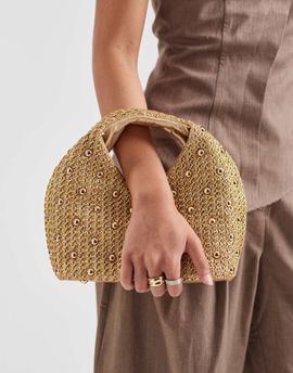 Dolce Vita Dolce Vita Dahlia raffia clutch purse with studs in gold-Neutral
