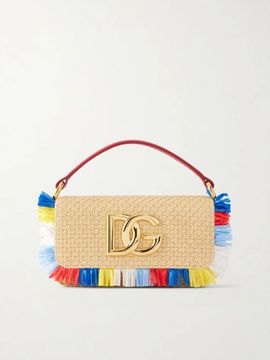 DOLCE&GABBANA 3.5 logo-embellished fringed leather-trimmed raffia shoulder bag