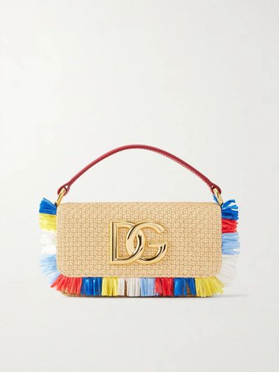 DOLCE&GABBANA 3.5 logo-embellished fringed leather-trimmed raffia shoulder bag