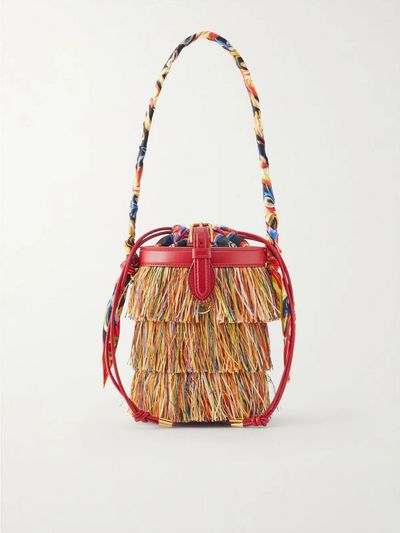DOLCE&GABBANA Capri fringed leather and twill-trimmed raffia bucket bag