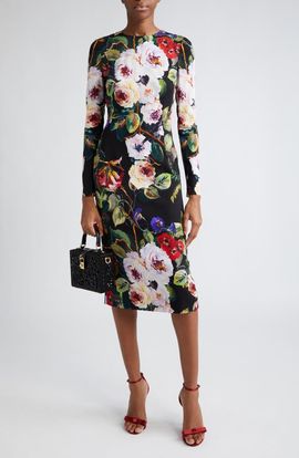 Dolce&Gabbana Dolce&Gabbana Floral Print Long Sleeve Charmeuse Sheath Dress